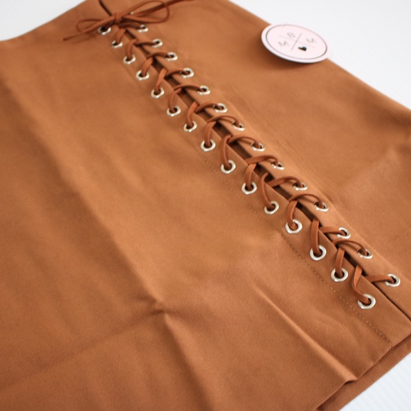 Brown Faux Suede Side Lace Up Mid Waist Mini Skirt - Picture 6 of 7
